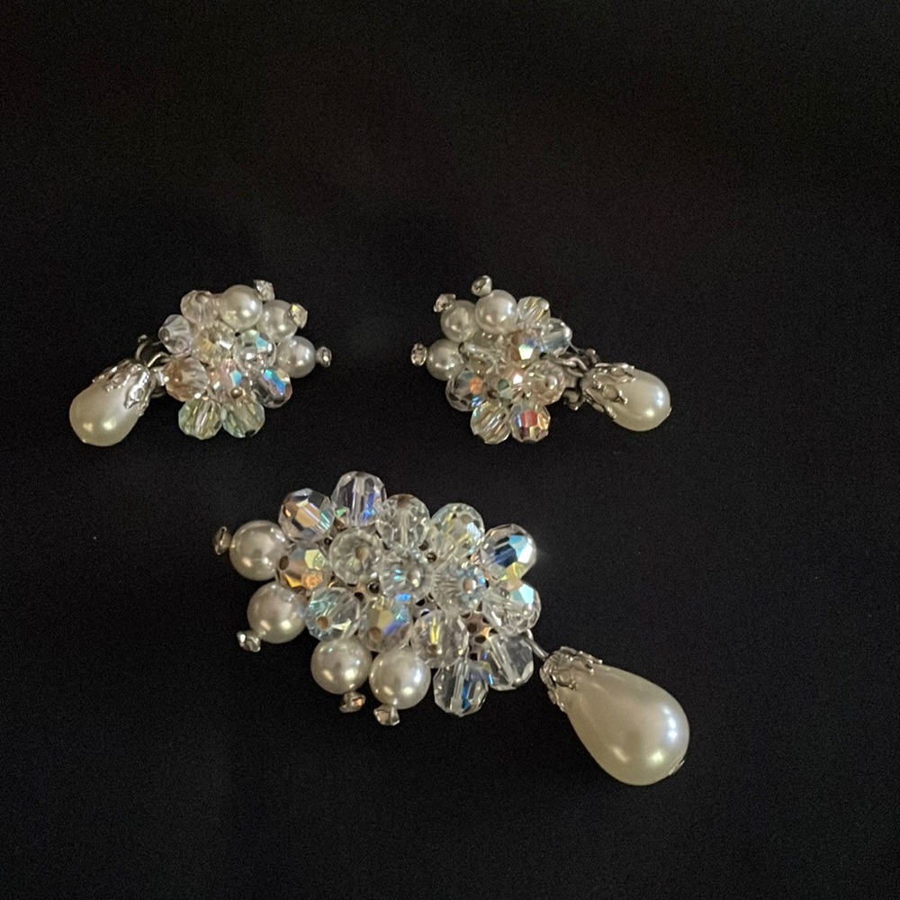 Vintage Faux Pearl Crystal Bead Brooch Pin and Clip On Earring Set